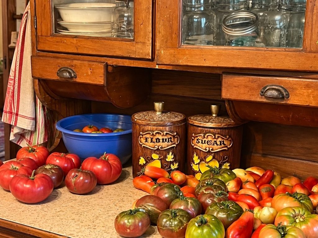 Homegrown heirloom tomatoes covering an antique wooden Hoosier cabinet, with vintage flour and sugar canisters, canning jars and a blue harvest bowl. 