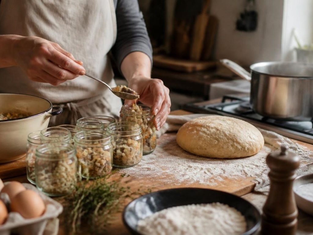 Hands filling glass jars beside a loaf of artisan bread and steaming pots in a working kitchen.